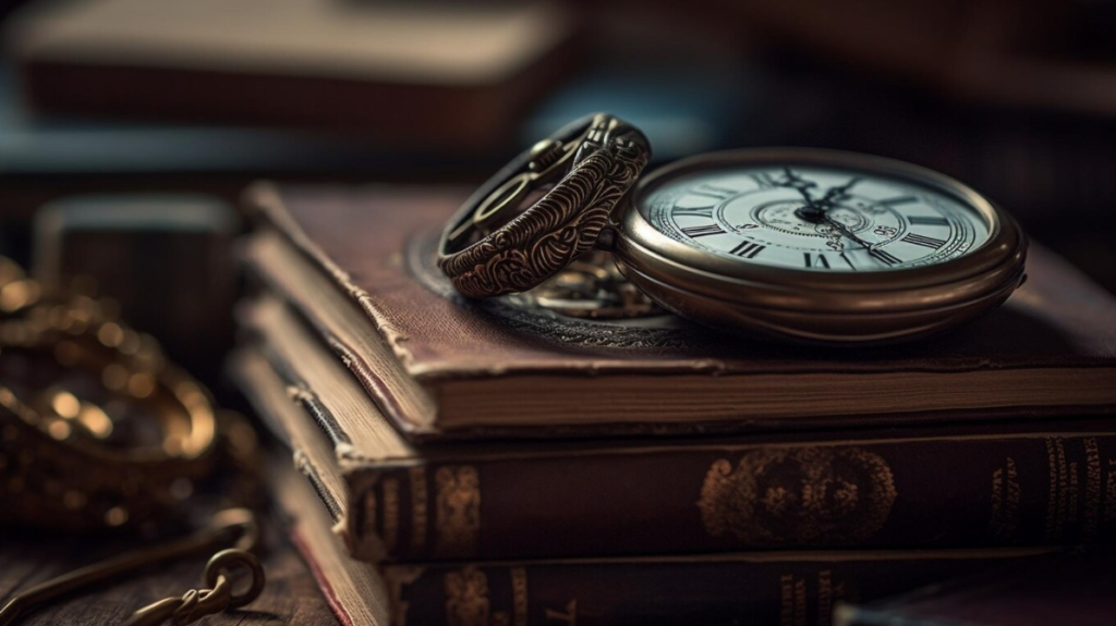 A finely detailed pocket watch resting atop an antique book, surrounded by dark ambiance and vintage trinkets