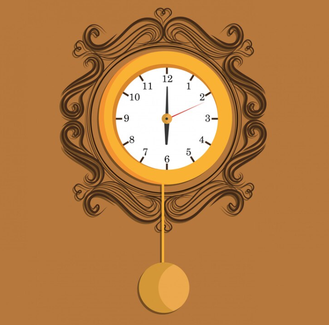 An ornate wall clock with swirl designs surrounding a white clock face set against a muted orange background