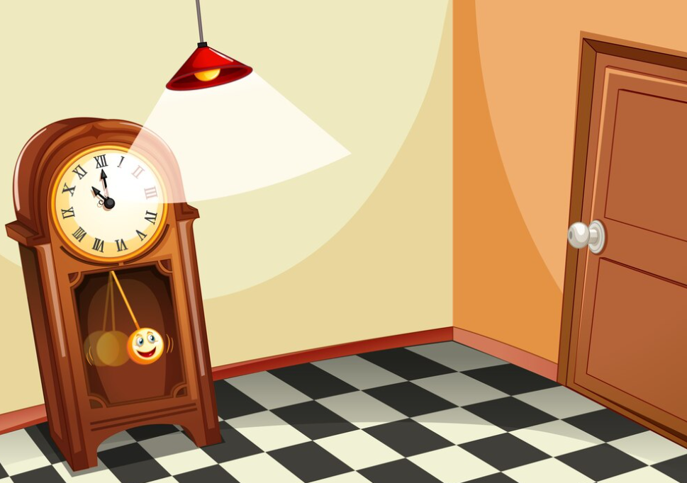 wooden grandfather clock in a room, with a smiling pendulum bob and a hanging light above